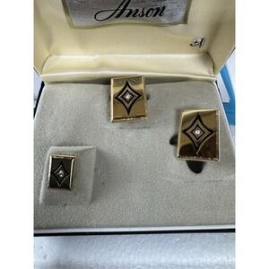 Anson gold tone rectangular cuff links and tie pin clear‎ stone